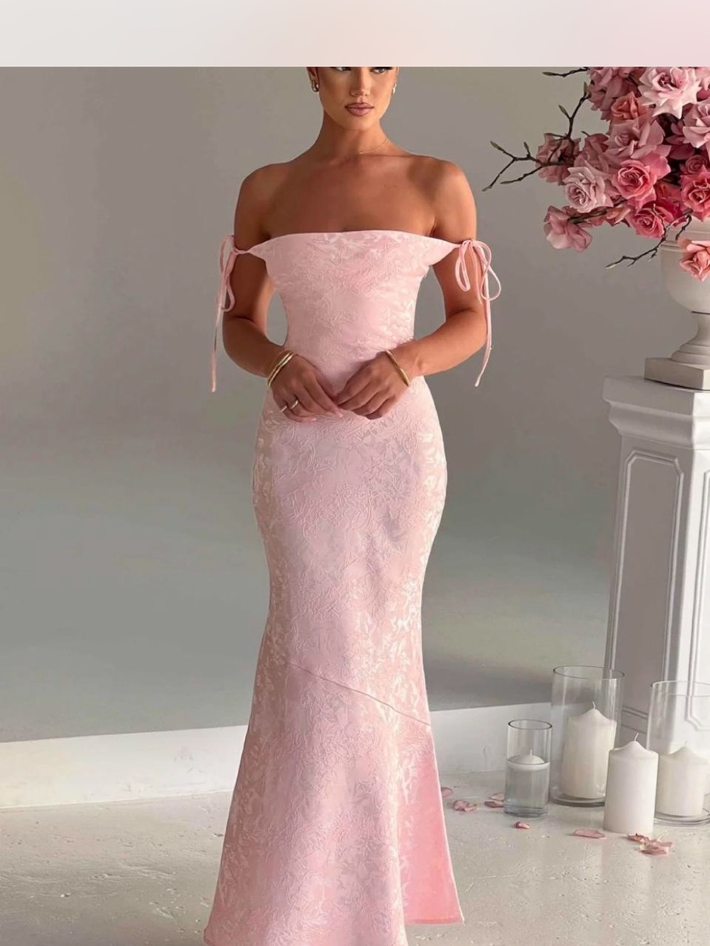 DUPE Babyboo Off-Shoulder Pink Lace Evening Gown